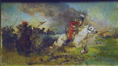 Boceto de Páez en la Batalla de Carabobo. Óleo sobre tela, Arturo Michelena, 1890. Al dorso: “Dedicado a mi distinguido amigo el Dr. Arístides Rojas”.