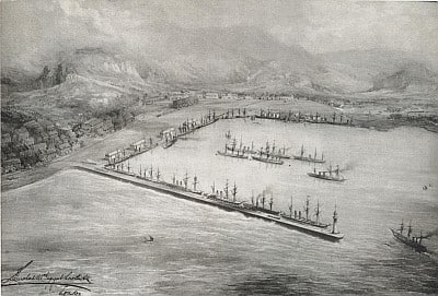 Vista de la Rada de La Guaira - 1880. Para ese momento, ya la mayoría de los buques anclados en la rada eran de vapor.